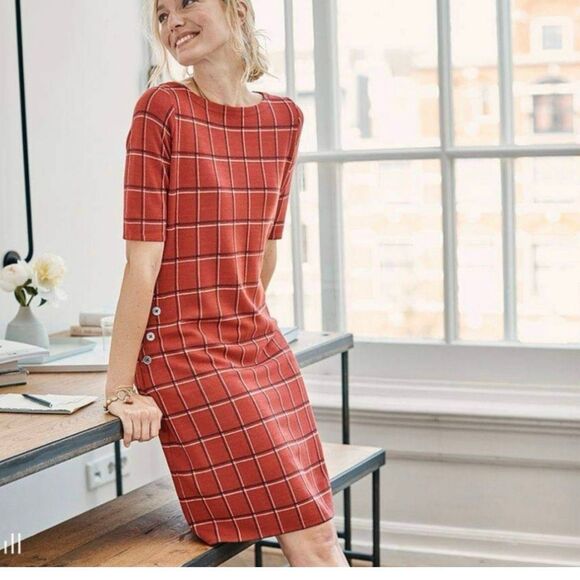 J. Jill Ponte Knit Red Plaid Windowpane Short Sleeve Dress - Picture 1 of 7